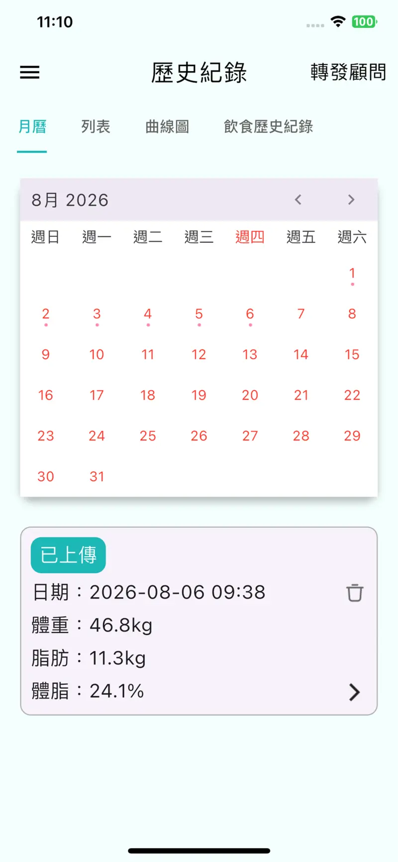 分享健康 App 歷史紀錄月曆，依日期查看體重、脂肪與體脂資料