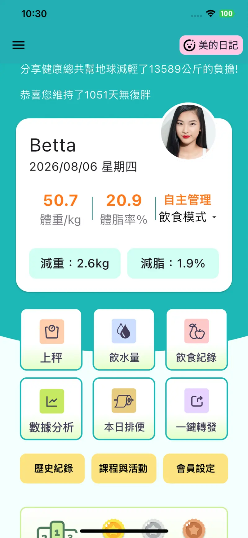 分享健康 App 首頁，顯示體重、體脂與上秤、飲水及飲食紀錄入口